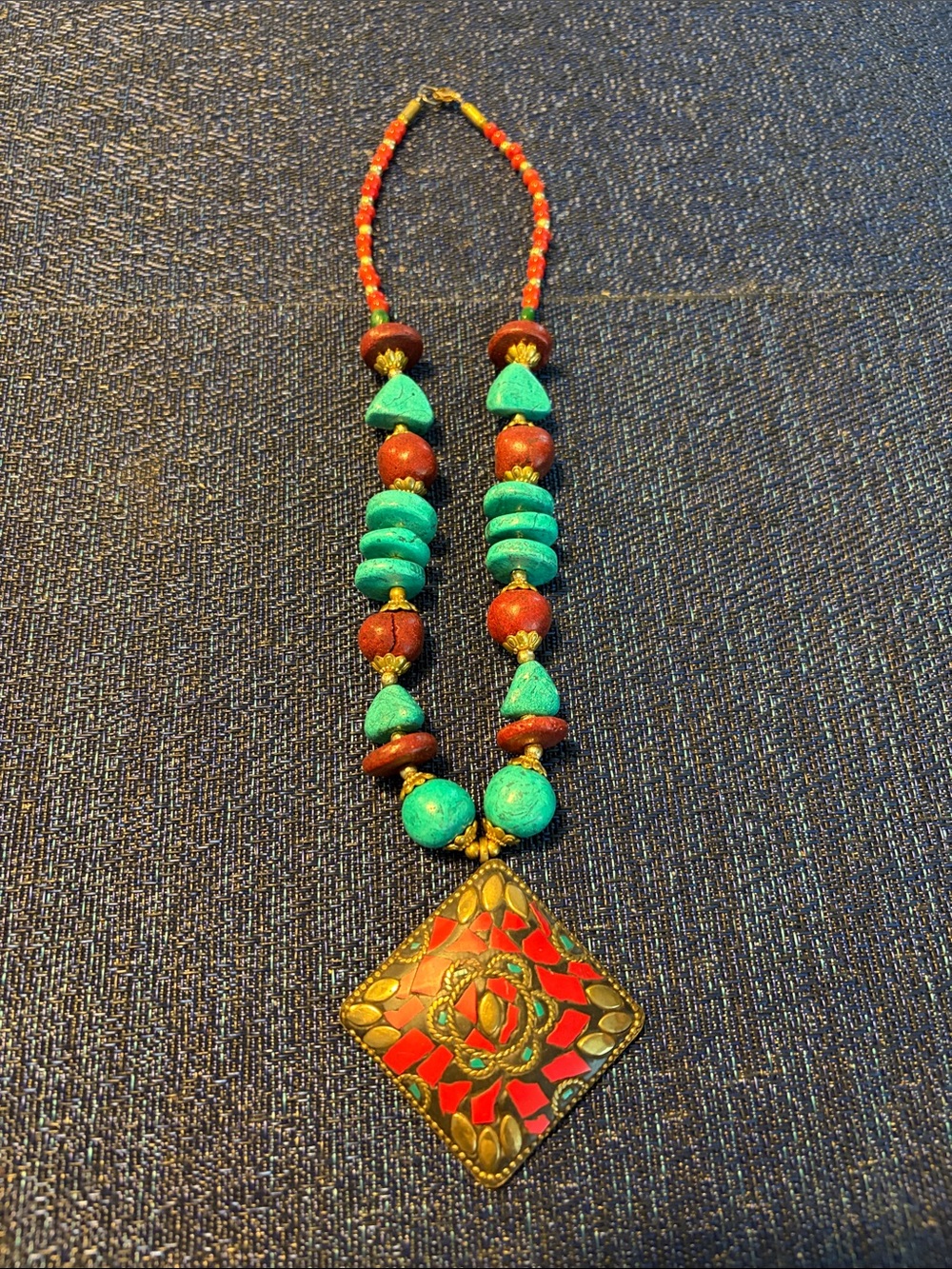 Faux Turquoise & Red Statement Pendant Necklace - Boho Women Jewelry